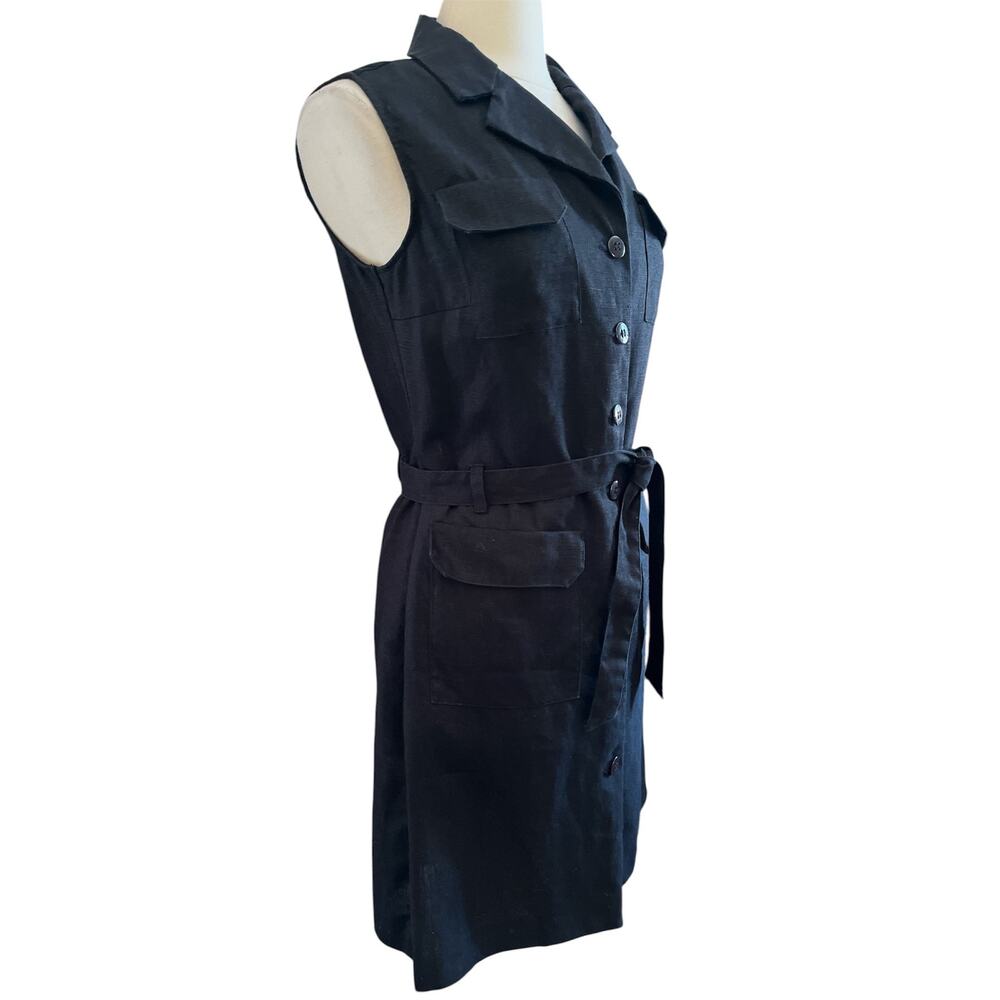 Vintage Thalian Black Linen button up Sleeveless Dress w/pockets & belt Size 8 - Picture 3 of 15